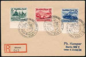 1939 Mi 695-697 ívszéli sor ajánlott levélen alkalmi bélyegzéssel Berlinbe
