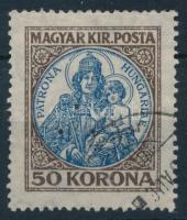 1921 Koronás Madonna 50K hármaslyukasztással, bal oldalon "törött glória" lemezhibával