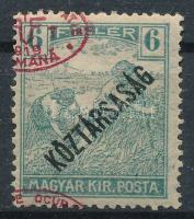 Debrecen II. 1919 Arató/Köztársaság 6f eltolódott felülnyomással, Bodor vizsgálójellel (10.000)