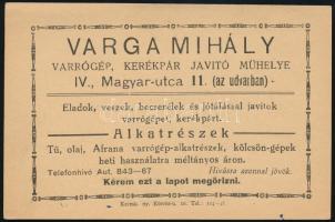 cca 1930 Varga Mihály varrógép, kerékpár javító műhelye (Bp. IV. Magyar utca 11.) szórólap