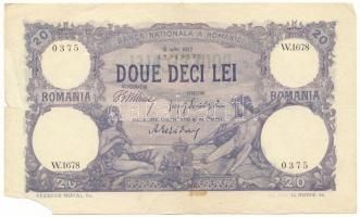 Románia 1917. július 6. 20L T:VG beszakadások, anyaghiány, ettől eltekintve szép papír Romania 1917. July 6th 20 Lei C:VG tears, missing material, apart from that fine paper Krause P#20