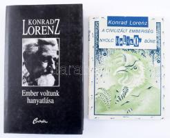 Konrad Lorenz 2 műve: A civilizált emberiség nyolc halálos bűne. Ford.: Keve Károly. Sopron, 1988, Ikva, 101+(3) p. Kiadói papírkötés. + Ember voltunk hanyatlása. Ford.: ifj. Kőrös László. Bp., 1996, Cartafilus, 301+(7) p. Kiadói kartonált papírkötés, kiadói papír védőborítóban.