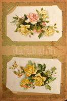 Kb. 100 db-os RÉGI képeslap gyűjtemény 96 férőhelyes szecessziós albumba rendezve, főleg művészlapok, természet, állatok, gyerekek, hölgyek, néhány katonai, közte Stengel, M. Munk, T. Corbella, Anna e Gasparini lapok. Az album több helyen sérült, kopottas, borítója szakadozott / Cca. 100 pre-1945 postcards in an Art Nouveau album: mainly art, nature, animals, children, ladies, some military, with Stengel, M. Munk, T. Corbella, Anna e Gasparini postcards. The album is damaged, it needs to be repaired.