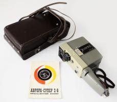 Avrora Super 2x8 szovjet kamera, bőr tokjában, h: 21 cm