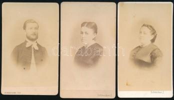 cca 1865-1870 Női és férfi portrék, 3 db vizitkártya Schrecker Ignác (1834-1888) pesti műterméből, mind különböző verzóval, 10x6 cm