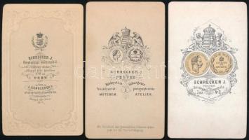 cca 1865-1870 Női és férfi portrék, 3 db vizitkártya Schrecker Ignác (1834-1888) pesti műterméből, m...