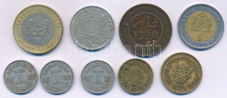 Marokkó 1320(1903) 10M bronz "Abd al-Aziz" + 1370-1415(1950-1995) 1Fr - 10D (6xklf,8db) T:VF, patina Morocco 1320(1903) 10 Mazunas bronze "Abd al-Aziz" + 1370-1415(1950-1995) 1 Franc - 10 Dirhams (6xdiff,8pcs) C:VF, patina