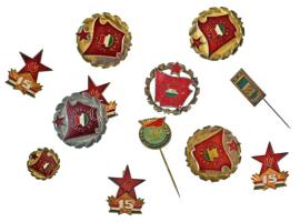 DN (1970-1980 k) "Szocialista Brigád" műgyantás fém kitűző (3xklf,5db) + miniatűr jelvény + DN "15" aranyozott, műgyantás bronz úttörő jelvény (4x) + DN "lesnina" műgyantás fém jelvény + DN "JRD Dubnik" műgyantás fém jelvény T:AU-F