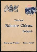 1929 Fővárosi Beketow Cirkusz műsorfüzete, képekkel, reklámokkal, 16p