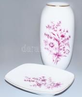 Hollóházi lilavirágos váza és tálka, jelzett, hibátlan, m: 17 cm