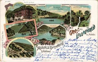 Lillafüred (Miskolc), Szálloda és étterem, Tó csónakázókkal, vízesés, új kocsi út alagúttal. Kiadja Lövy József fia No. 1514. Art Nouveau, floral, litho (EM)