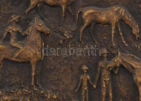 Pató Róza (1934-2018): Lovasok. Bronz fali relief. Fa alapon. jelzett 28x19 cm