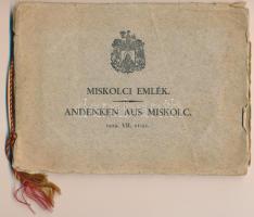 1929 Miskolc, emlék. 14 db RÉGI képeslap előre nyomtatott, fűzött papír albumban, néhány beragasztva, a belső borítón aláírásokkal.