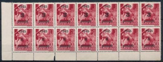 Nagyvárad I. 1945 Szent Margit 3P/30f ívsarki 14-es tömbben, a felső 7 bélyeg I. típus, az alsó 7 bélyeg pedig II. típus, Bodor vizsgálójellel (46.900) (fogelválások, saroktörés / aparted perfs., folded corner)