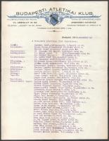 1922 Bp., Budapesti Atlétikai Klub fejléces levélpapírjára írt névsor