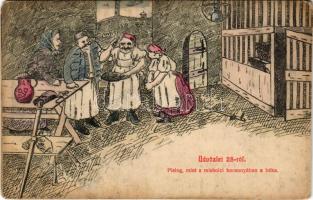 Miskolc, Üdvözlet 28-ról. Pislog mint a miskolci kocsonyában a béka. Grünwald Ignác kiadása + "KŐRÖSMEZŐ - BUDAPEST 299. sz." vasúti mozgóposta bélyegző (EM)