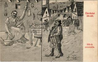 Miskolc, 999-ik Csizmadia, Üdvözlet 28-ról. Kiadja Grünwald Ignác / Hungarian folklore