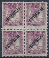 1918 Zita/Köztársaság 50f négyestömb, benne "szakadt fátyol" tévnyomat
