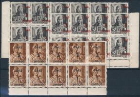 Nagyvárad I. 1945 Hadvezérek 1P/18 ívsarlo 6-os és 12-es tömbben + 1P/4f ívsarki 10-es tömbben, I. típusú és II. típusú bélyegekkel, Bodor vizsgálójellel (9.500)