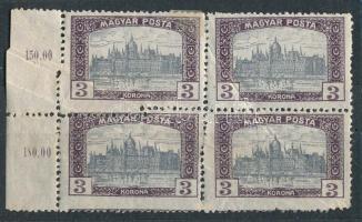 1919 Magyar Posta 3K ívszéli négyestömb, papírbehajlás miatti elfogazással (falc a képoldalon / hinge on the front)