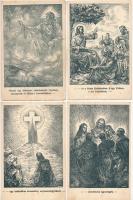 Jézus élete, bibliai jelenetek, a keresztény apostoli hitvallás szövegrészleteivel. A Kármelita Rendház Szegényalapja javára, Barsy E. szignóval - 7 db régi vallás motívum képeslap / Biblical scenes, The Life of Jesus Christ - 7 pre-1945 religious motive postcards. s: Barsy E.