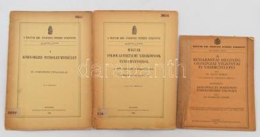 3 db különlenyomat a Magyar Kir. Földtani Intézet évkönyvéből: Telegdi-Roth Lajos: Magyar földolaj-tartalmú lerakódások tanulmányozása. I. Zsibó környéke Szilágymegyében.; Posewitz Tivadar: A kőrösmezei petroleumterület.; Pálfy Móric: A rudabányai hegység geológiai viszonyai és vasérctelepei. Függelékül: Sümeghy József: Szalonna és Martonyi forrásmészkő faunája. Bp., 1895-1924, Franklin-ny. / Magyar Tudományos Társulatok Sajtóvállalata-ny. Kiadói papírkötés, változó állapotban, sérülésekkel, tulajdonosi bejegyzésekkel, intézményi bélyegzőkkel.