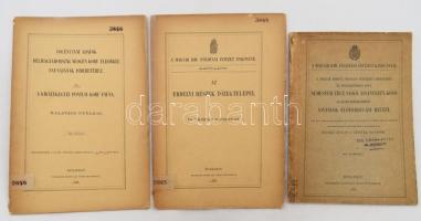 3 db különlenyomat a Magyar Kir. Földtani Intézet évkönyvéből: Primics György: Az erdélyi részek tőzegtelepei.; Halaváts Gyula: Őslénytani adatok Délmagyarország neogén korú üledékei faunájának ismeretéhez. VI. A királykegyei pontusi korú fauna.; Böckh János - Gesell Sándor: A magyar korona országai területén mivelésben és feltárófélben levő nemesfém, ércz, vaskő, ásványszén, kősó és egyéb értékesithető ásványok előfordulási helyei. Bp., 1892-1898, Franklin-ny. Kiadói papírkötés, változó állapotban, sérülésekkel, tulajdonosi bejegyzésekkel, intézményi bélyegzőkkel.