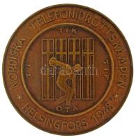 Finnország 1948. Helsingfors "Északi Telefonos Sportverseny - Diszkoszvetés" egyoldalas bronz díjérem (40mm) T:AU Finland 1948. Helsingfors "Nordiska Telefonidrottskampen - Discus throw" one-sided bronze award medal (40mm) C:AU