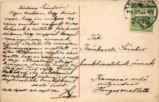 1910 Budapest VIII. Rákóczi út. Részeges humoros montázslap éjjel (gyűrődés / crease)