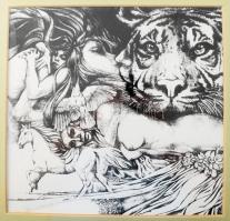 Töreky Ferenc (1922-2006): Akt vadálattal. Print, üvegezett keretben, 28x29 cm