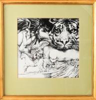 Töreky Ferenc (1922-2006): Akt vadálattal. Print, üvegezett keretben, 28x29 cm