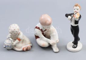 Hollóházi hegedűs + Aquincum cipőfűző fiú + Zsolnay Annuska, jelzett, kis kopással.