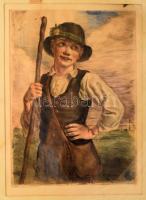 Iványi Grünwald Béla (1867-1940) - Prihoda István (1891-1956) : Legény. Színezett rézkarc, papír, jelzett (Iványi Grünwald és Prihoda által). Apró foltokkal. Dekoratív, üvegezett fakeretben, 33×24 cm