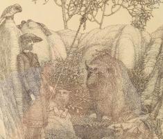 Kovács Tamás (1942-1999): Tavaszi találkozó. Litográfia papír, jelzett, üvegezett fakeretben, 29x18 ...