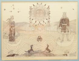 Kovács Tamás (1942-1999): Wandering across the great esoteric land of Tarot. Litográfia papír, jelzett, üvegezett fakeretben, 28x37 cm