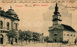 1899 Cegléd, római katolikus templom, kalapüzlet + "BUDAPEST - ORSOVA" vasúti mozgóposta bélyegző (szakadás / tear)