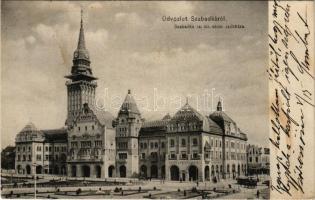 Szabadka, Subotica; Sz. kir. város székháza, Taussig Vilmos üzlete. Heumann Mór kiadása / town hall, shop (ázott sarkak / wet corners)