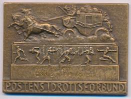 Svédország 1947. "Postai Sportszövetség - Tenisz férfi páros" egyoldalas bronz díjplakett, "C.C.SPORRONG&amp;CO. STOCKHOLM" gyártói jelzéssel a hátoldalon. Szign.: "KH" (53x73mm) T:AU Sweden 1947. "Postens Idrottsförbund - Tennis herr double" one-sided bronze award plaque, with "C.C.SPORRONG&amp;CO. STOCKHOLM" maker's mark on the reverse. Sign.: "KH"(53x73mm) C:AU