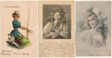 5 db RÉGI (1905 előtti) képeslap: hölgyek, közte lithok / 5 pre-1905 ladies art postcards, with lithos