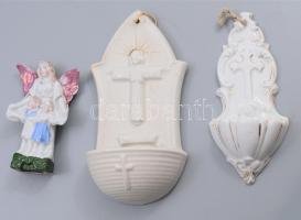 3 darab porcelán kegytárgy, közte Zsolnay szenteltvíztartó, kis repedéssel.