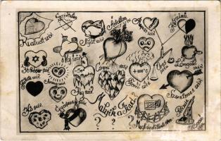 1944 Melyik a Tied? Humoros művészlap szívekkel / Which one is yours? Humour art postcard, montage with hearts s: Bacsó (r)
