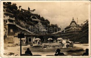 Budapest I. Szent Gellért szobor, Hungária és Attila gyógyforrások, Rudas Ivócsarnok, az Erzsébet híd budai hídfőjénél (gyűrődések / creases)