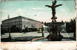 Pozsony, Pressburg, Bratislava; Sétatér, Nemzeti és Palugyay szálloda, villamos, szökőkút. Kaufmann's "Bediene dich allein" / Promenade, Hotel National u. Palugyay / promenade, hotels, tram, fountain (EM)