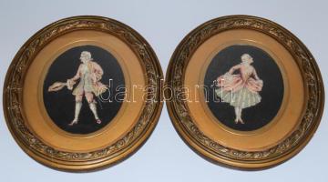 2 darab ovális antik képkeret, benne goblein, üvegezett, repedéssel, 40x33 cm