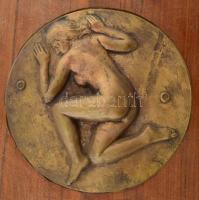 Lapis András (1942-): Álom. Bronz plakett fa lapban, d: 19 cm, 41x21,5 cm