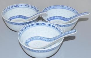 Kínai 3 darab rizsszemes leveses tál kanállal, d: 11,5 cm