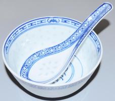 Kínai 3 darab rizsszemes leveses tál kanállal, d: 11,5 cm