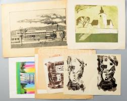 Kaubek Péter (1942-) Vegyes grafikák, linómetszetek, rézkarcok, aquatinta, 9 db, közötte Csatárka úti gyermekváros rézkarc, vegyes méretben + 1 db egyéb grafika