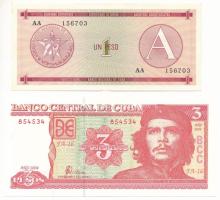 Kuba 1985. 1P "AA" devizaigazolás + 2004. 3P "Che Guevara" T:AU,XF Cuba 1985. 1 Peso "AA" foreign exchange certificate + 2004. 3 Pesos "Che Guevara" C:AU,XF Krause P#FX1, P#127