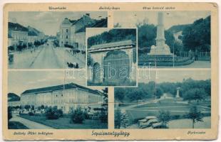 1941 Sepsiszentgyörgy, Sfantu Gheorghe; Székely kapu, Székely Mikó kollégium, utca, 48-as honvéd szobor, park. leporellolap 10 kis képpel. Lapikás Béla kiadása / boarding school, street, military heroes statue, park, gate. leporellocard with 10 mini pictures + "1941 Székelyföldi Kiállítás és Vásár Sepsiszentgyörgy" So. Stpl (ragasztónyom / glue mark)